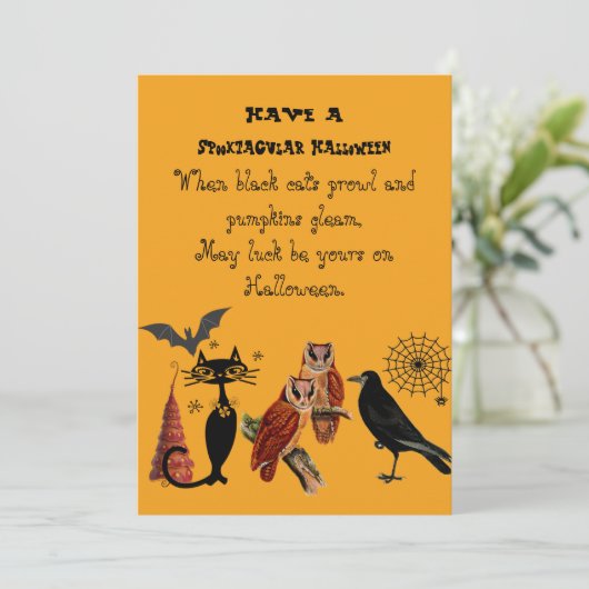 Spooktacular Halloween-gedicht Zwarte Kat Uilen Ra Feestdagenkaart (Staand voorkant)