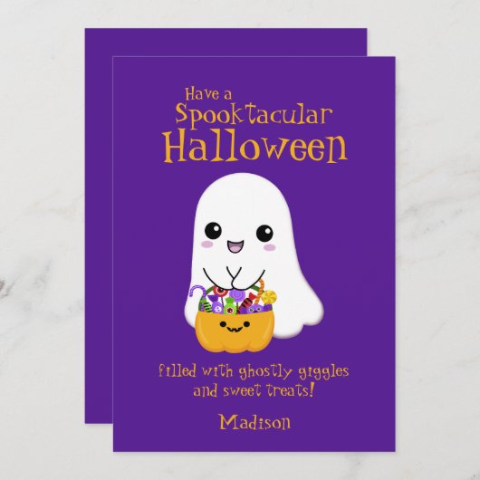 Spooktacular Halloween Leuke Ghost Paarse Feestdagenkaart (Voorkant / Achterkant)