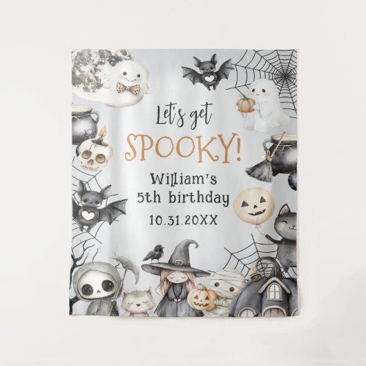 Spooktacular Halloween Schattige Ghost Verjaardags Wandkleed (Voorkant)