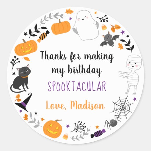 Spooktacular Halloween Verjaardag Dank u Ronde Sticker (Voorkant)