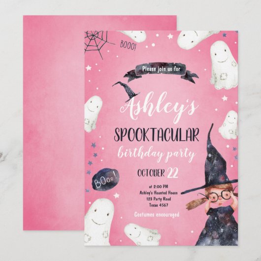 Spooktacular Halloween Witch Pet Ghost Birthday Kaart (Voorkant / Achterkant)