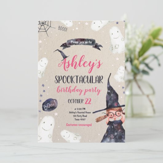 Spooktacular Halloween Witch Pet Ghost Birthday Kaart (Staand voorkant)