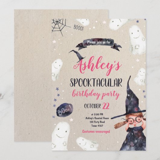 Spooktacular Halloween Witch Pet Ghost Birthday Kaart (Voorkant / Achterkant)