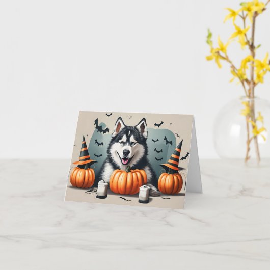 Spooktacular Husky Happy Halloween Kaart (Gele Bloem)