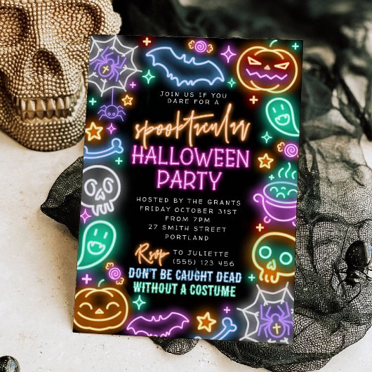 Spooktacular Neon Halloween Invitation Kaart