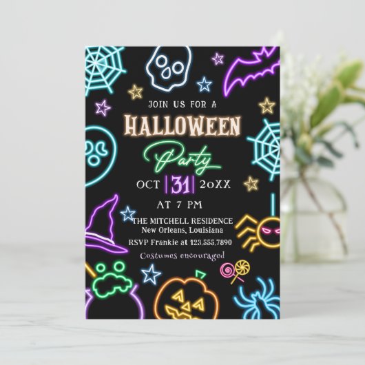 Spooktacular Party Neon Glow Halloween Party Kaart (Staand voorkant)