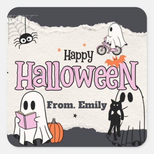 Spooktacular schattige roze Halloween party uitnod Vierkante Sticker (Voorkant)