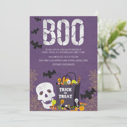 Spooktacular Trick or treat Kinder partij Uitnodig Kaart (Staand voorkant)