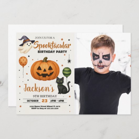Spooktacular verjaardagsfeestje uitnodiging met fo (Voorkant / Achterkant)
