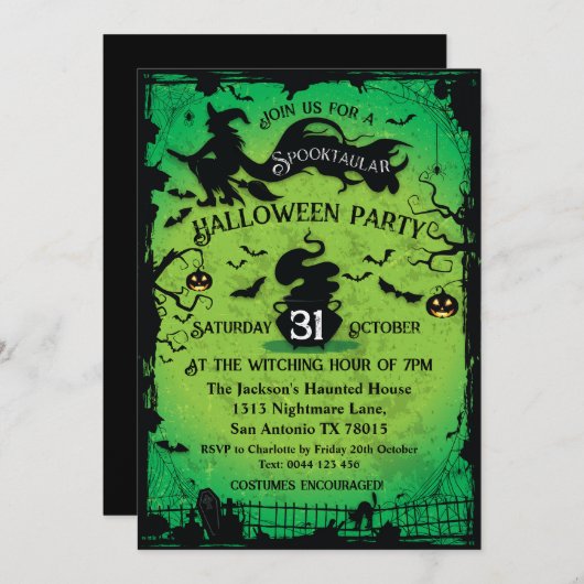 Spooktacular Witch en Bats Halloween Uitnodiging (Voorkant / Achterkant)