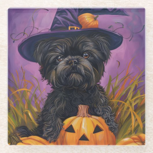 Spooky Affenpinscher Halloween Heks en Pompoen Glazen Onderzetter (Voorkant)