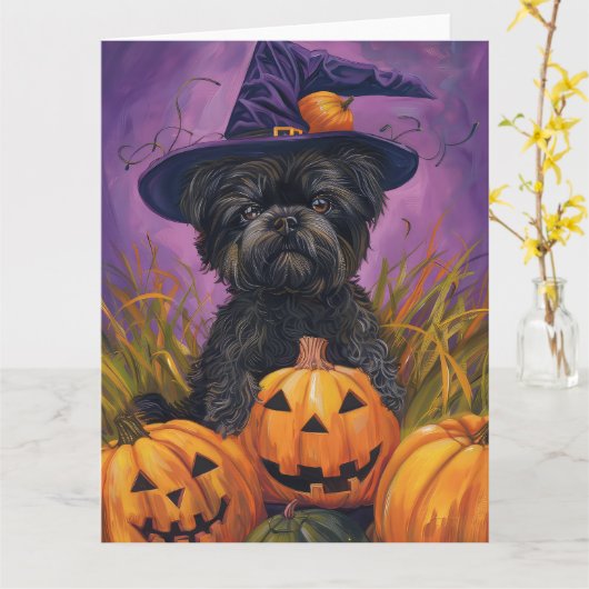 Spooky Affenpinscher Halloween Heks en Pompoen Kaart (Gele Bloem)