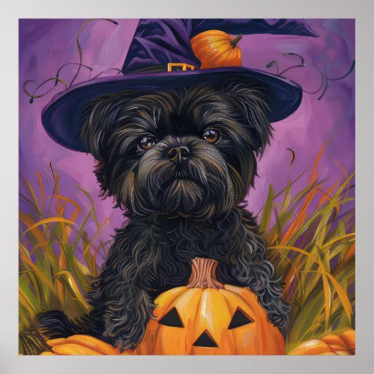 Spooky Affenpinscher Halloween Heks en Pompoen Poster (Voorkant)