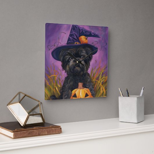 Spooky Affenpinscher Halloween Heks en Pompoen Vierkante Klok (Kantoor)