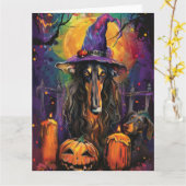 Spooky Afghaanse hond Halloween heks en pompoen Kaart (Gele Bloem)