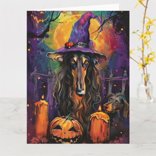 Spooky Afghaanse hond Halloween heks en pompoen Kaart (Gele Bloem)