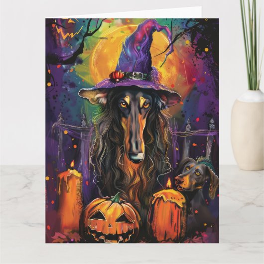 Spooky Afghaanse hond Halloween heks en pompoen Kaart (Voorkant)