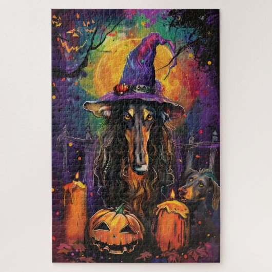 Spooky Afghaanse hond Halloween heks en pompoen Legpuzzel (Verticaal)