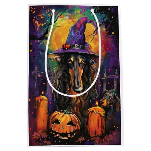 Spooky Afghaanse hond Halloween heks en pompoen Medium Cadeauzakje (Voorkant)
