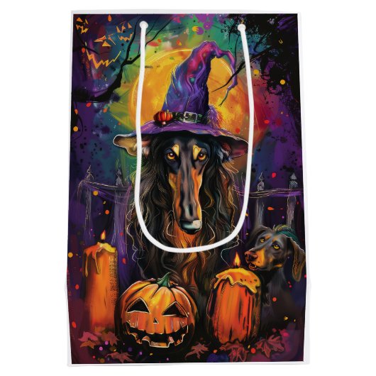 Spooky Afghaanse hond Halloween heks en pompoen Medium Cadeauzakje (Achterkant)