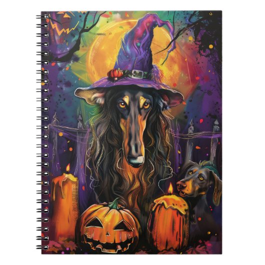 Spooky Afghaanse hond Halloween heks en pompoen Notitieboek (Voorkant)