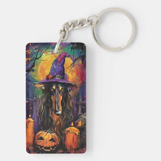 Spooky Afghaanse hond Halloween heks en pompoen Sleutelhanger (achterkant)