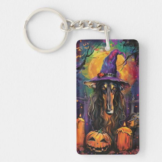 Spooky Afghaanse hond Halloween heks en pompoen Sleutelhanger (Voorkant)