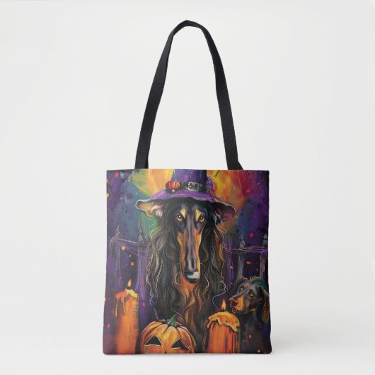 Spooky Afghaanse hond Halloween heks en pompoen Tote Bag (Voorkant)