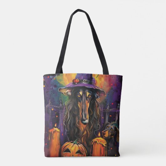 Spooky Afghaanse hond Halloween heks en pompoen Tote Bag (Achterkant)