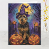 Spooky Airedale Halloween Witch and Pumpkin Kaart (Gele Bloem)