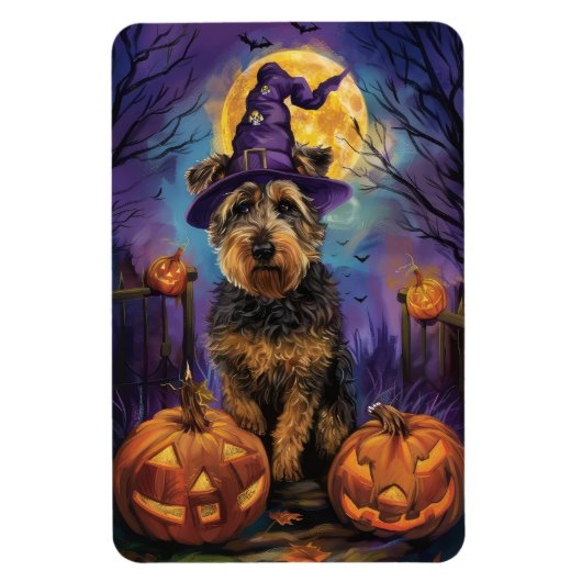 Spooky Airedale Halloween Witch and Pumpkin Magneet (Verticaal)