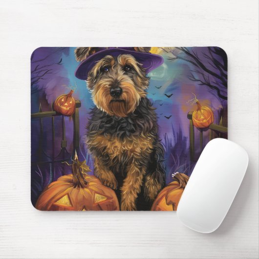 Spooky Airedale Halloween Witch and Pumpkin Muismat (Met muis)