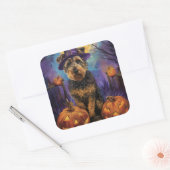 Spooky Airedale Halloween Witch and Pumpkin Vierkante Sticker (Envelop)