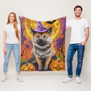 Spooky Akita Halloween Witch & Pumpkin Fleece Deken