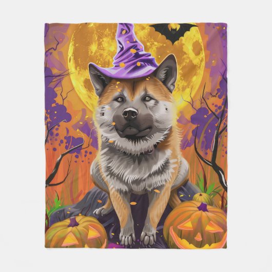 Spooky Akita Halloween Witch & Pumpkin Fleece Deken (Voorkant)