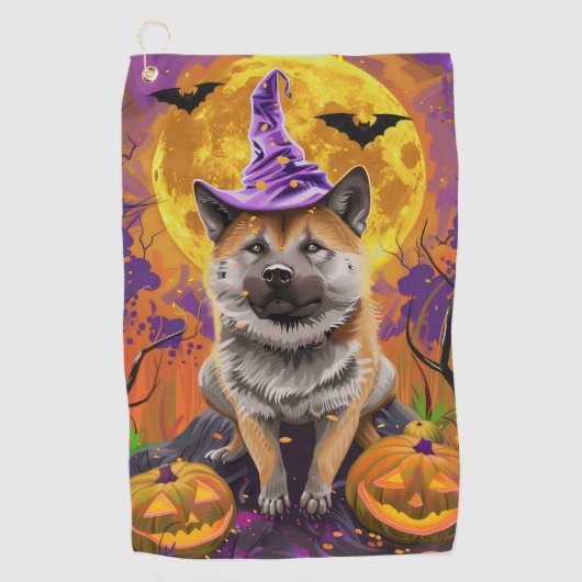 Spooky Akita Halloween Witch & Pumpkin Golfhanddoek (Voorkant)