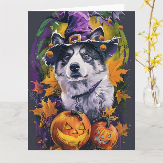 Spooky Akita Halloween Witch & Pumpkin Kaart (Gele Bloem)