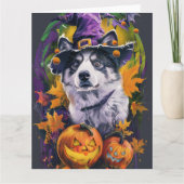 Spooky Akita Halloween Witch & Pumpkin Kaart (Voorkant)