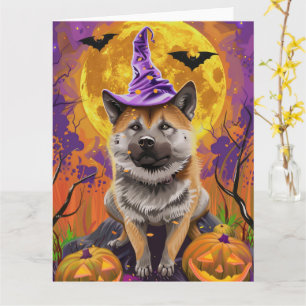 Spooky Akita Halloween Witch & Pumpkin Kaart