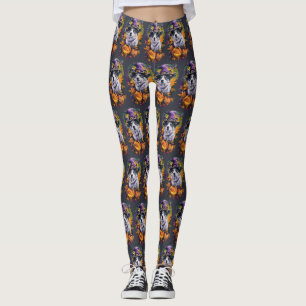 Spooky Akita Halloween Witch & Pumpkin Leggings