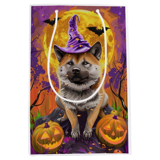 Spooky Akita Halloween Witch & Pumpkin Medium Cadeauzakje (Voorkant)