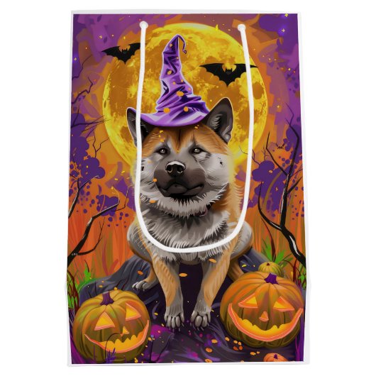 Spooky Akita Halloween Witch & Pumpkin Medium Cadeauzakje (Achterkant)