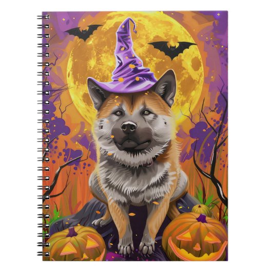 Spooky Akita Halloween Witch & Pumpkin Notitieboek (Voorkant)