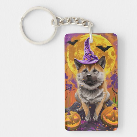 Spooky Akita Halloween Witch & Pumpkin Sleutelhanger (Voorkant)