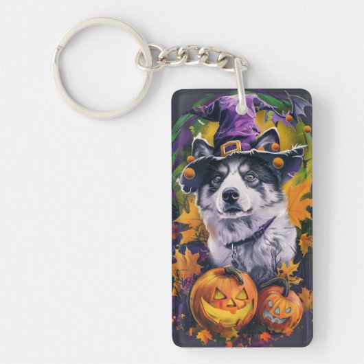 Spooky Akita Halloween Witch & Pumpkin Sleutelhanger (Voorkant)