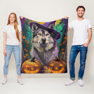 Spooky Alaskan Malamute laat een heks en pompoen t Fleece Deken