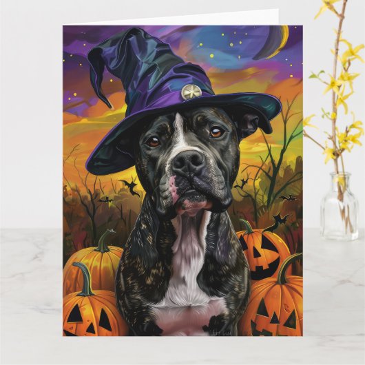 Spooky Amerikaanse Staffordshire Halloween pompoen Kaart (Gele Bloem)