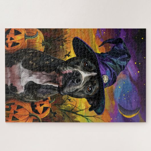 Spooky Amerikaanse Staffordshire Halloween pompoen Legpuzzel (Horizontaal)