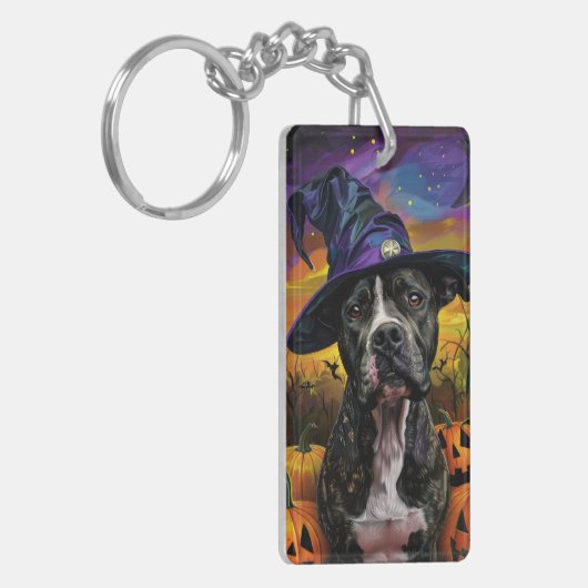 Spooky Amerikaanse Staffordshire Halloween pompoen Sleutelhanger (Voorkant Links)