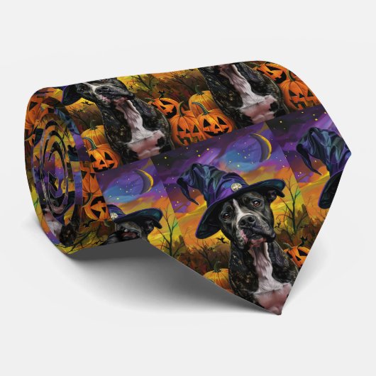 Spooky Amerikaanse Staffordshire Halloween pompoen Stropdas (Opgerold)